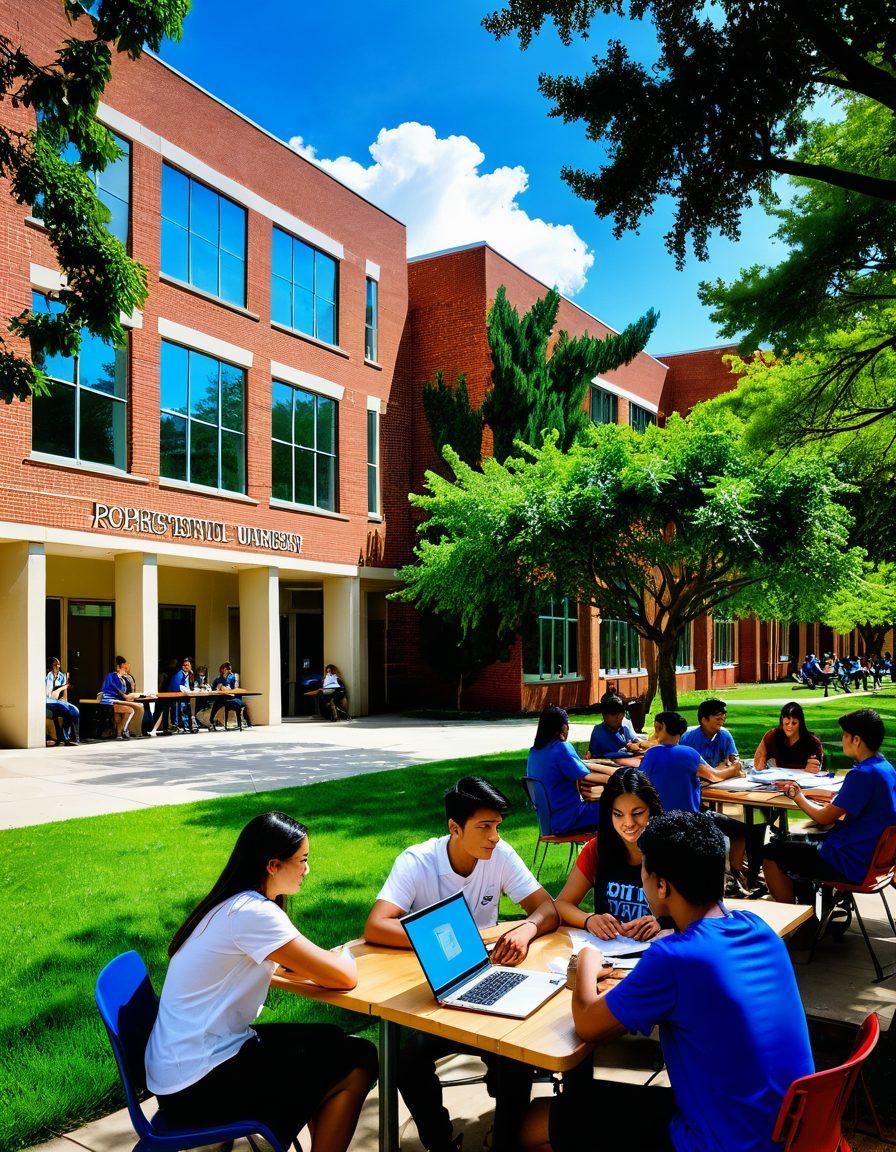 A vibrant campus scene at Rochville University, depicting diverse students engaged in various learning environments: one group discussing around a table outdoors, another in a high-tech classroom, and someone studying under a tree. Include the university's iconic buildings in the background and bright skies to represent optimism and growth. super-realistic. vibrant colors.