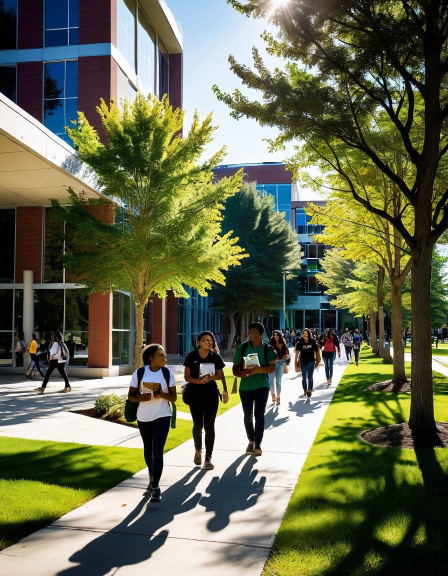 A vibrant and inspiring scene depicting students of diverse backgrounds walking on the campus of Rochville University, with books and laptops in hand. In the background, a modern university building symbolizes academic pathways, while banners showcasing support services float in the air. Bright sunlight filters through lush trees, creating a warm, inviting atmosphere. Create a sense of hope and community. super-realistic. vibrant colors. sunny background.