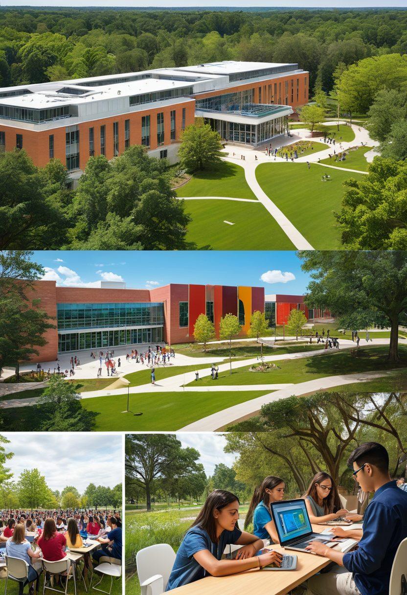 A vibrant and dynamic collage showcasing diverse educational programs at Rochville University, featuring students engaged in various activities like science experiments, art creation, programming, and outdoor education. The campus is depicted in the background with modern buildings and lush greenery, symbolizing growth and opportunity. Bright and inviting colors emphasize the diversity and creativity of programs. super-realistic. vibrant colors.